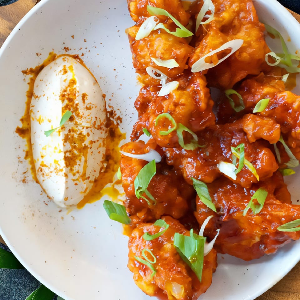 Spicy orange chicken with green onions and a side of creamy white sauce on a white plate.